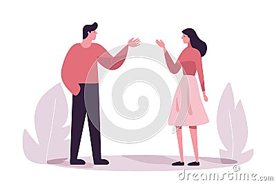 Distraught man seeks forgiveness from woman. Anxious male pleads for a second chance with girl. Infidelity, reconciliation. Vector Illustration