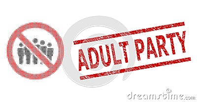 Distress Adult Party Seal Stamp and Halftone Dotted Forbidden People Crowd Vector Illustration