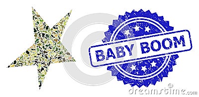 Distress Baby Boom Stamp and Military Camouflage Collage of Asymmetrical Star Vector Illustration