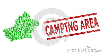 Distress Camping Area Watermark and Green People and Dollar Mosaic Map of Xinjiang Uyghur Region Vector Illustration