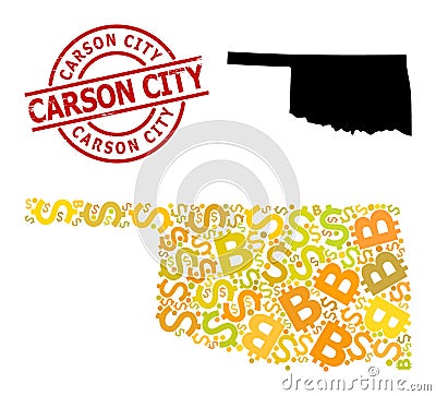 Distress Carson City Seal with Money and Bitcoin Gold Mosaic Map of Oklahoma State Vector Illustration
