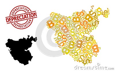 Distress Depreciation Stamp with Money and Bitcoin Gold Collage Map of Cadiz Province Vector Illustration