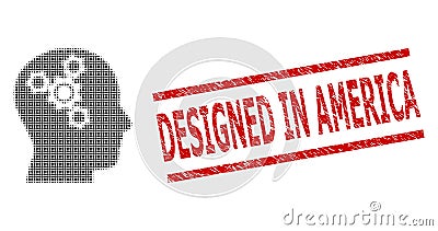 Distress Designed in America Stamp and Halftone Dotted Brain Mechanics Vector Illustration
