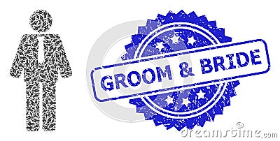 Distress Groom and Bride Seal Stamp and Fractal Groom Icon Mosaic Vector Illustration