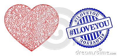 Distress hashtag Iloveyou Badge and Net Love Heart Mesh Vector Illustration