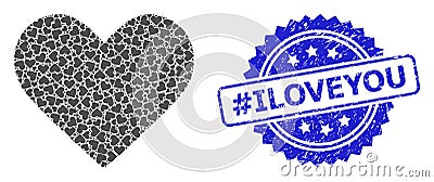 Distress hashtag Iloveyou Seal Stamp and Recursive Love Heart Icon Collage Vector Illustration