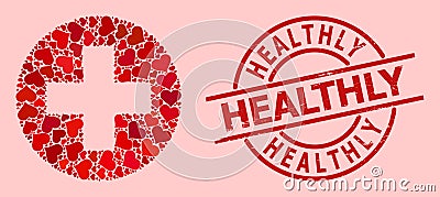 Grunge Healthly Badge and Red Lovely Medical Aid Mosaic Vector Illustration