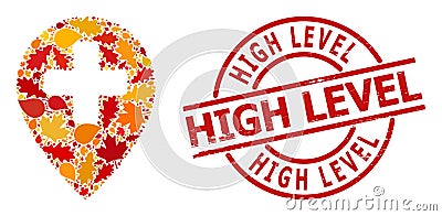 Distress High Level Seal and Clinic Map Pointer Autumn Collage Icon with Fall Leaves Vector Illustration