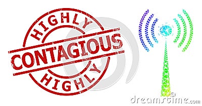 Distress Highly Contagious Badge and Triangle Filled Spectrum Virus Radio Tower Icon with Gradient Vector Illustration