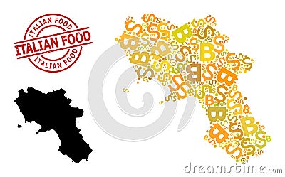 Distress Italian Food Badge with Dollar and Bitcoin Gold Mosaic Map of Campania Region Vector Illustration