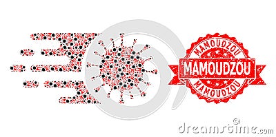 Distress Mamoudzou Stamp and Recursion Rush Virus Icon Composition Vector Illustration