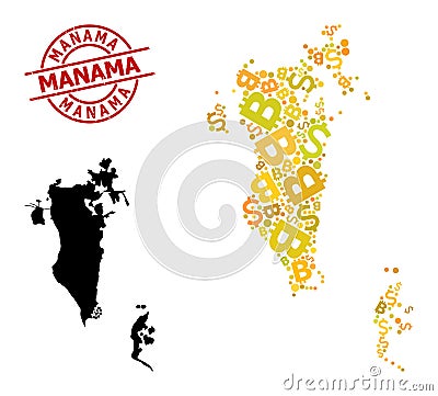 Distress Manama Stamp with Dollar and Bitcoin Golden Collage Map of Bahrain Vector Illustration