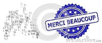 Distress Merci Beaucoup Seal and Square Dot Collage Sand Swarm Vector Illustration