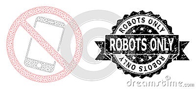 Distress Robots Only Ribbon Watermark and Mesh Carcass Forbidden Smartphone Vector Illustration