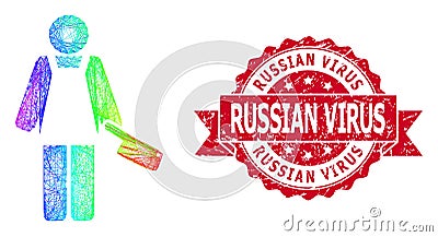 Distress Russian Virus Seal and Multicolored Net Butcher Person Vector Illustration