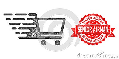 Distress Senior Airman Seal and Hatched Shopping Cart Icon Vector Illustration