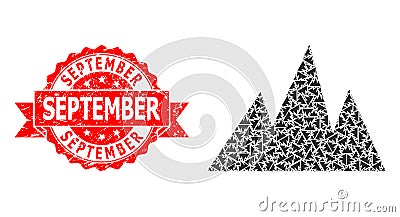 Distress September Seal and Fractal Mountains Icon Mosaic Vector Illustration