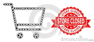 Distress Store Closed Stamp and Covid Virus Mosaic Shopping Cart Vector Illustration