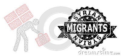 Distress Syrian Migrants Ribbon Watermark and Mesh Carcass Refugee Person Vector Illustration