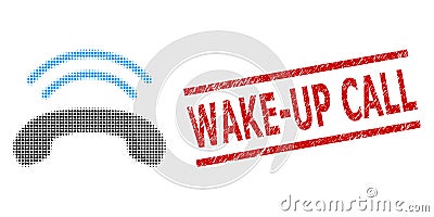 Distress Wake-Up Call Seal Stamp and Halftone Dotted Phone Ring Vector Illustration