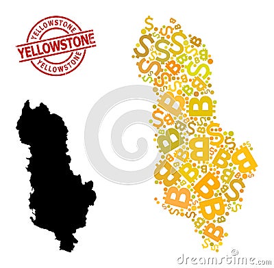 Distress Yellowstone Badge with Money and Bitcoin Golden Mosaic Map of Albania Vector Illustration