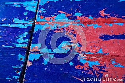 Distressed and abstract blue & red paint wood board Stock Photo