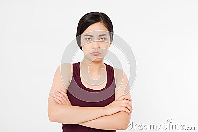 Distressed asian japanese Woman Having Strong Tension Headache. Portrait Of Sick Girl Suffering From Head Migraine, Feeling Pressu Stock Photo