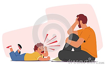 Distressed Child Unleashes Hysterical Screams, A Torrent Of Emotions In A Tantrum. Despondent Father Vector Illustration Vector Illustration