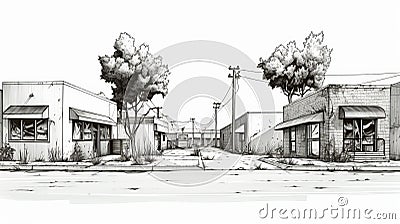Distressed Conurbation: Sketchy Ink Drawing Of Urban Commercial Corridor Stock Photo