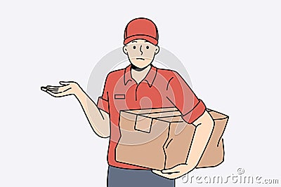 Distressed deliveryman with damaged parcel Vector Illustration
