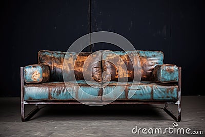 distressed leather sofa with exposed metal frame in a studio Stock Photo