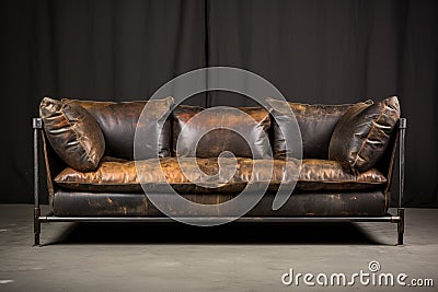 distressed leather sofa with exposed metal frame in a studio Stock Photo