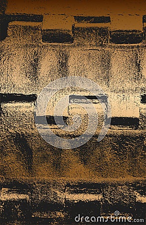 Distressed overlay texture of golden rusted peeled metal plate, tractor track, tank caterpillar tread. grunge background Vector Illustration