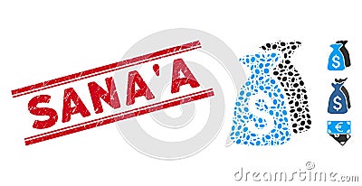 Scratched Sana`A Line Stamp and Collage Money Bags Icon Stock Photo