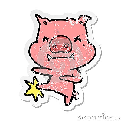 distressed sticker of a angry cartoon pig karate kicking Vector Illustration