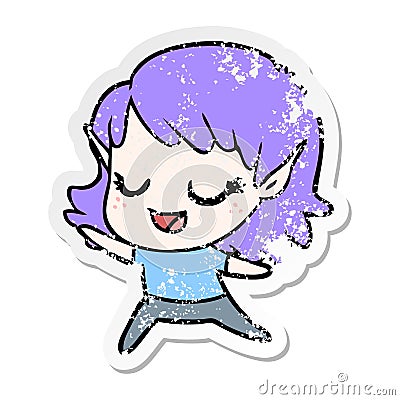 distressed sticker of a carton happy elf girl dancing Vector Illustration