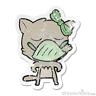 distressed sticker of a cartoon cat wearing germ mask Vector Illustration