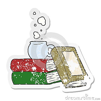 distressed sticker of a cartoon coffee cup and study books Vector Illustration