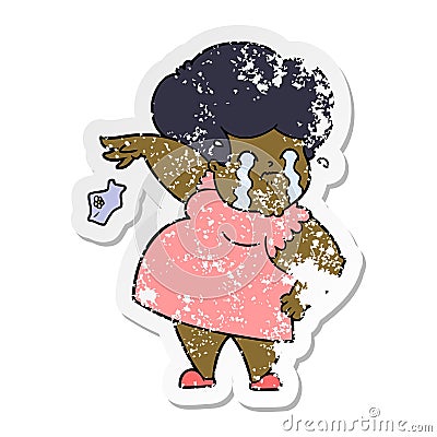 distressed sticker of a cartoon crying woman dropping handkerchief Vector Illustration