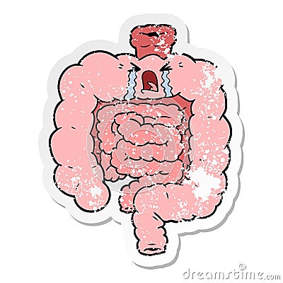 distressed sticker of a cartoon intestines crying Vector Illustration