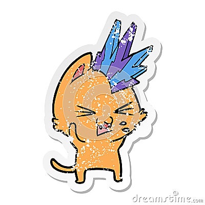 distressed sticker of a cartoon punk rock cat hissing Vector Illustration