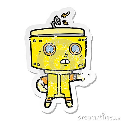 distressed sticker of a cartoon robot accusing Vector Illustration