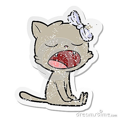distressed sticker of a cartoon yawning cat Vector Illustration