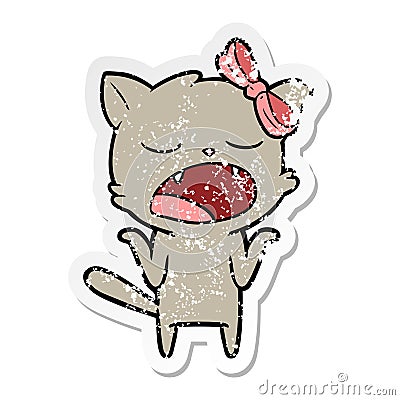 distressed sticker of a cartoon yawning cat shrugging shoulders Vector Illustration