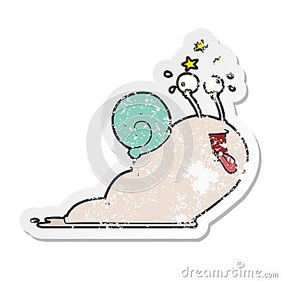 distressed sticker of a crazy cartoon snail Vector Illustration