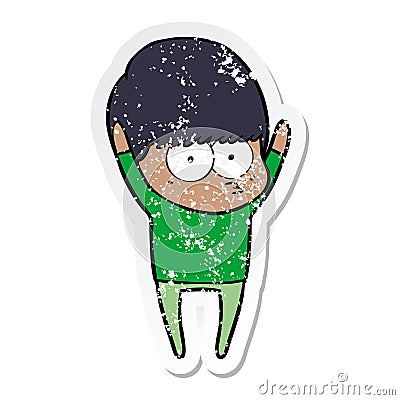 distressed sticker of a stretching cartoon boy Vector Illustration