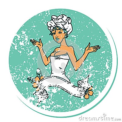 distressed sticker tattoo style icon of a pinup girl in towel with banner Vector Illustration