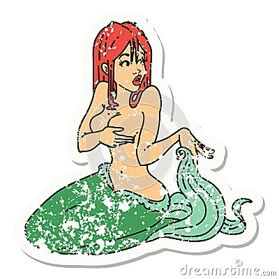 distressed sticker tattoo of a surprised mermaid Vector Illustration
