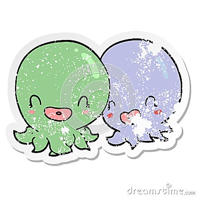 distressed sticker of a two cartoon octopi Vector Illustration