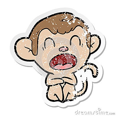 distressed sticker of a yawning cartoon monkey Vector Illustration